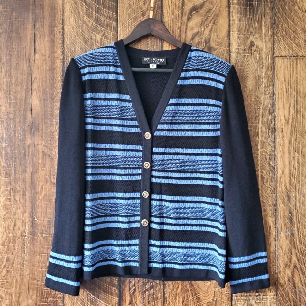 ST JOHN collection by Marie Gray Black and blue stripe nautical knit cardigan